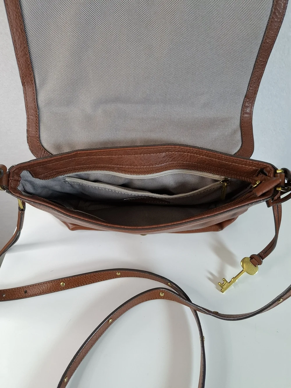 Fossil Brown Leather Crossbody with Studded Stripe Detail
